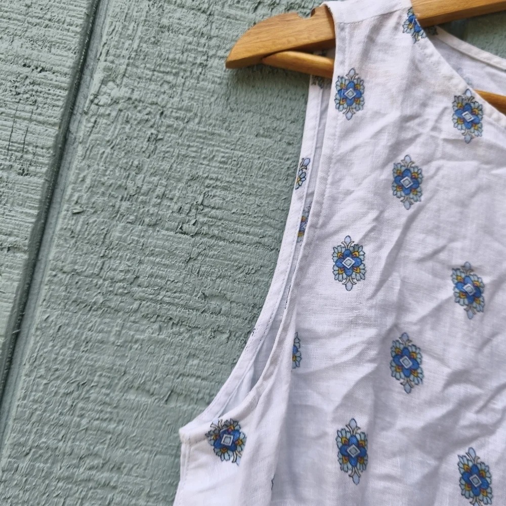 J Jill Love Linen Floral Boho Button Down Sides Tunic sz M Ivory Blue Beach Boh